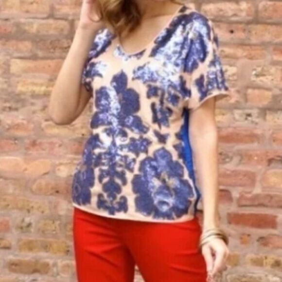 NWT Tracy Reese x Neiman Marcus Blue Sequin Short Sleeve Blouse Top S - Picture 3 of 12